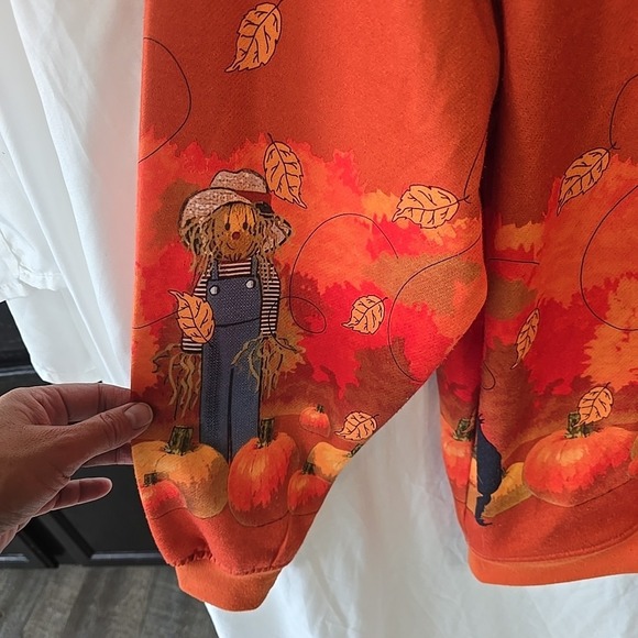 VTG BLAIR Women's Scarecrow And Pumpkins Snap Up Sweatshirt Jacket size L Orange - Picture 2 of 13